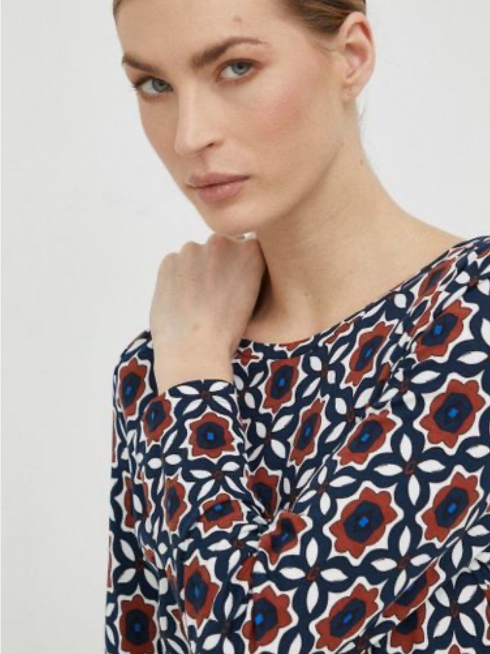 MaxMara Navy Floral-Geometric Long Sleeve Top with Rust Accents